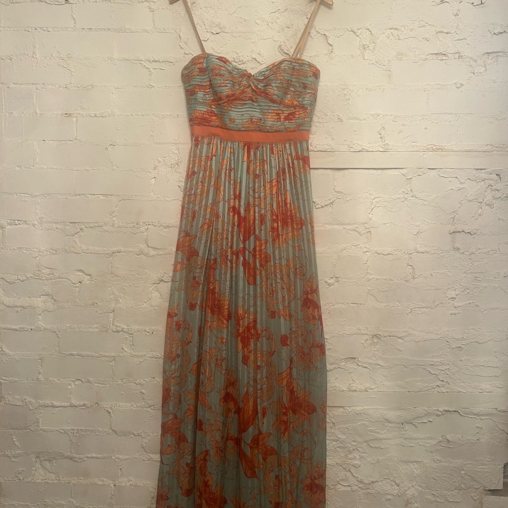 BCBGMaxAzria Strapless Floral Maxi Dress in Orange and Blue